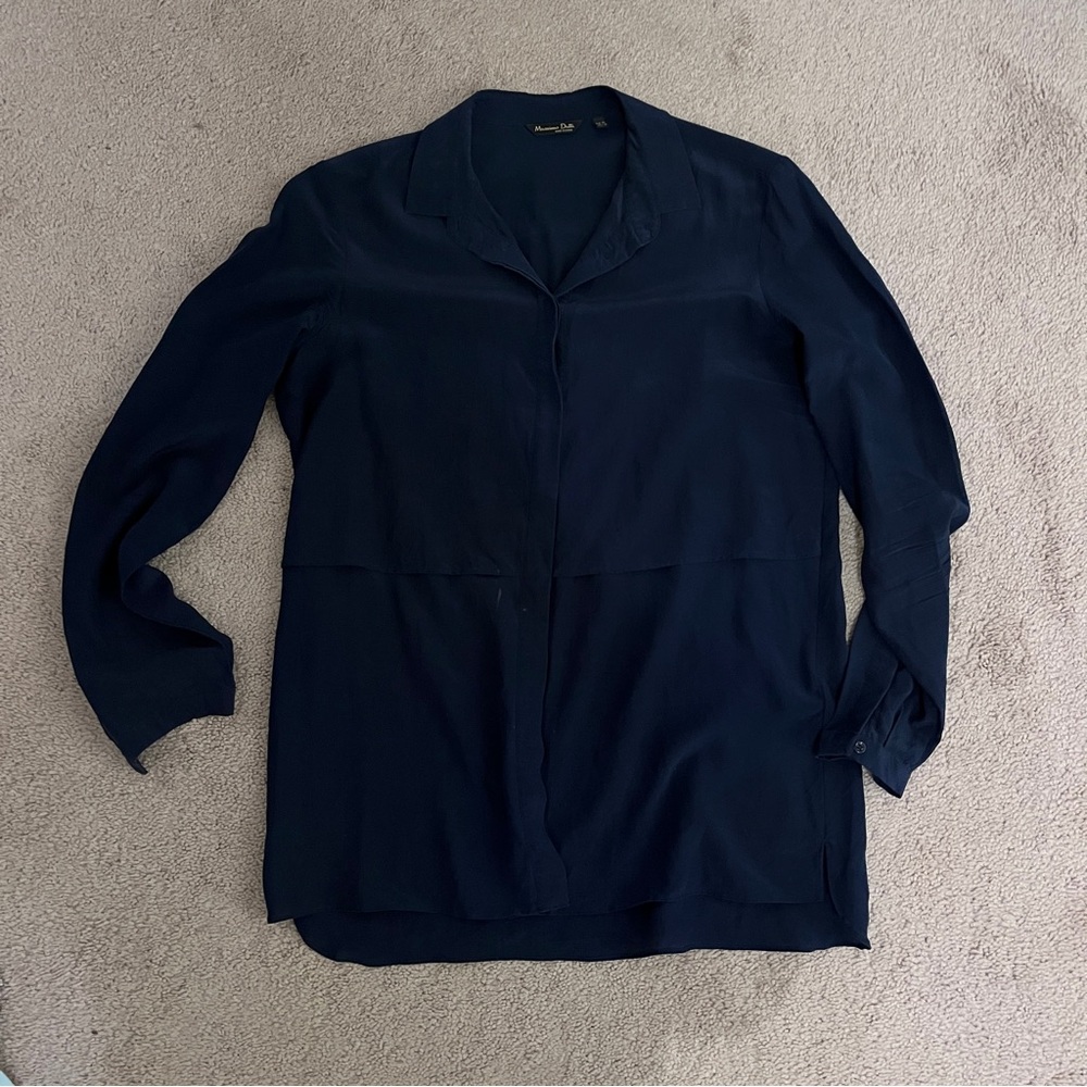 Size 4 Navy Silk Button-Down Shirt - Massimo Dutti Silk Blouse
